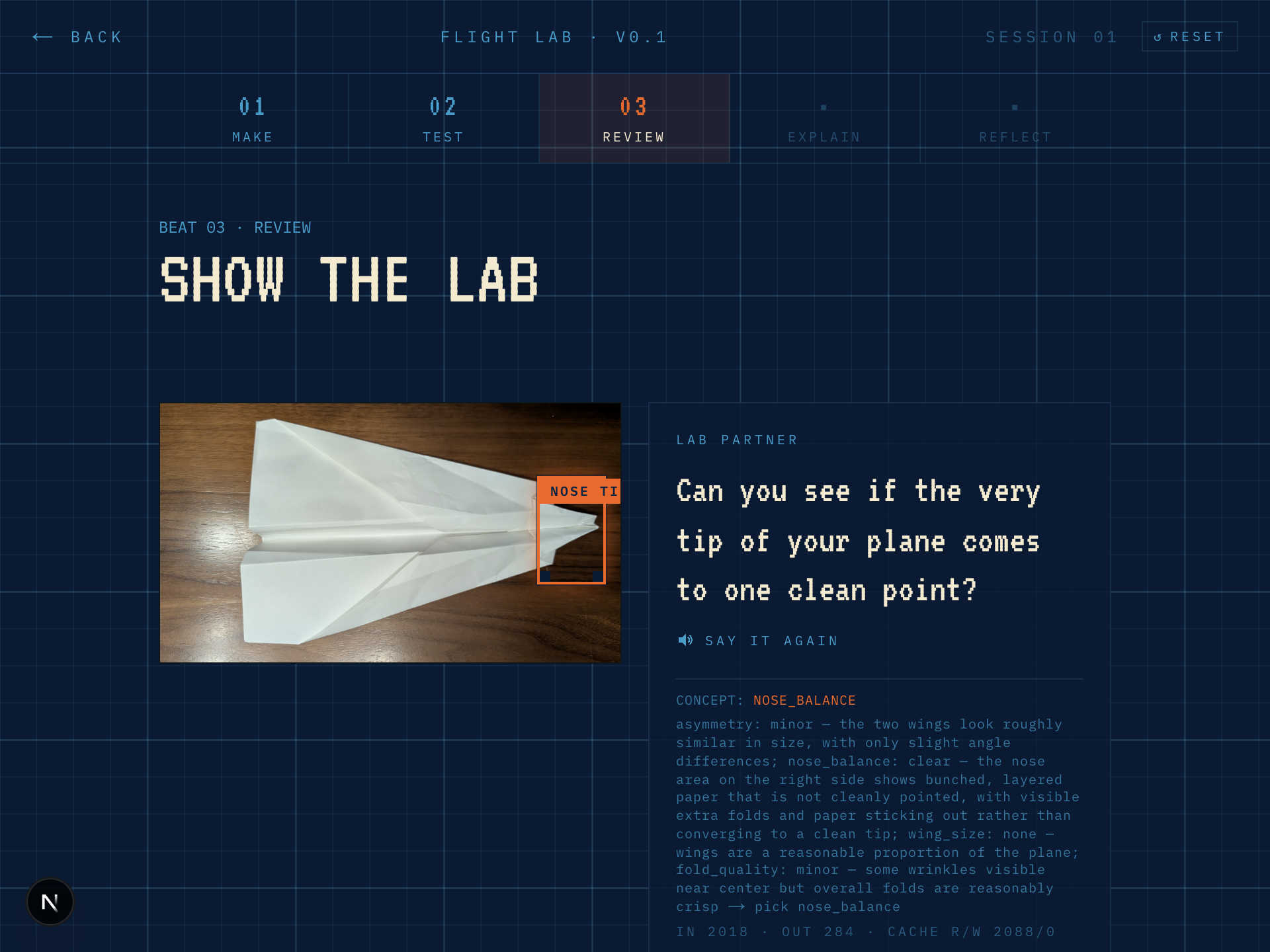 Beat 03 — a photo of the kid's folded plane with an annotation box labelling 'wrinkled folds', and the lab partner asking a question tied directly to that feature.