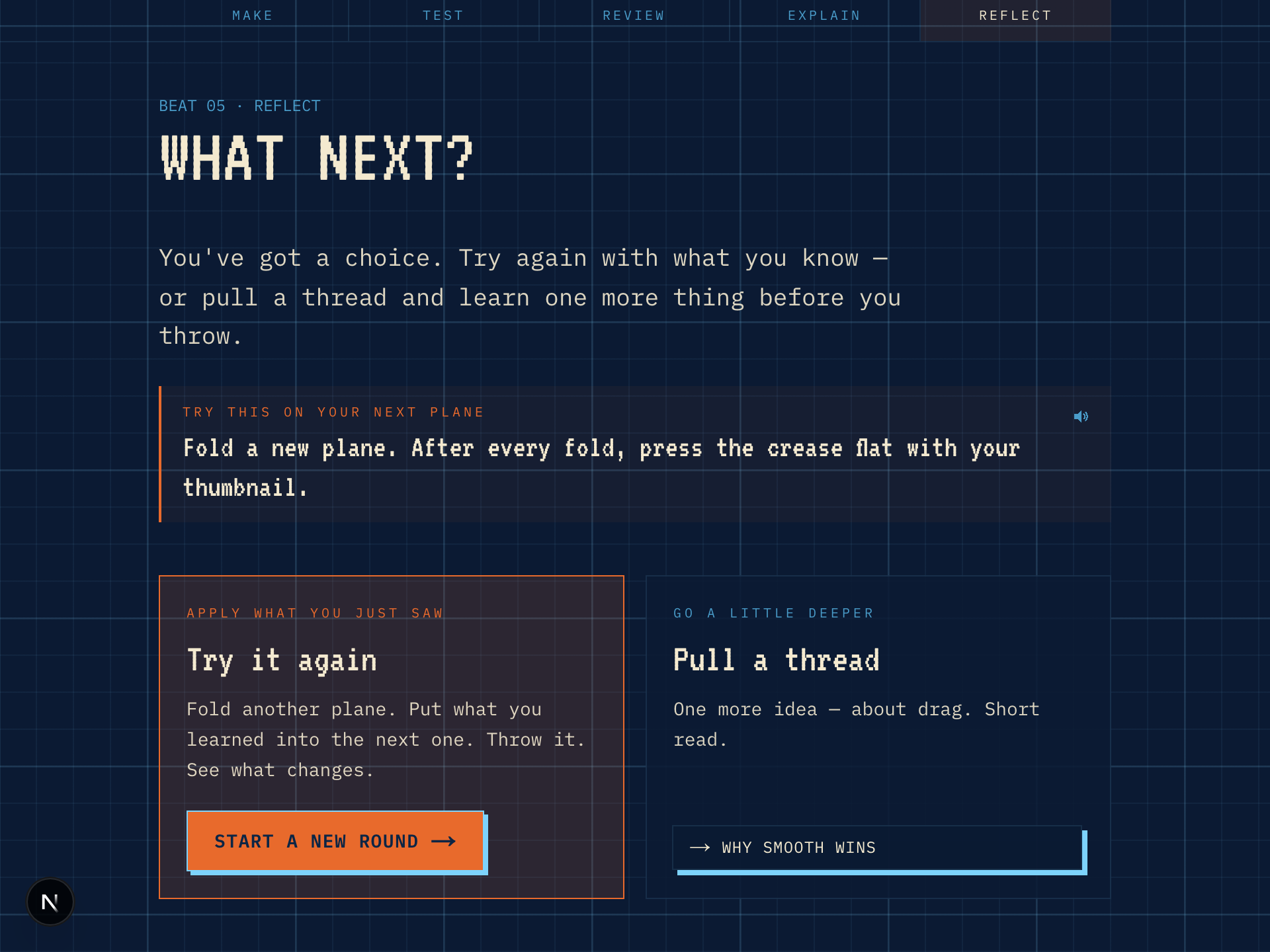 Beat 05 — a single 'try this on your next plane' callout, plus two restrained cards: 'Try it again' and 'Pull a thread'.